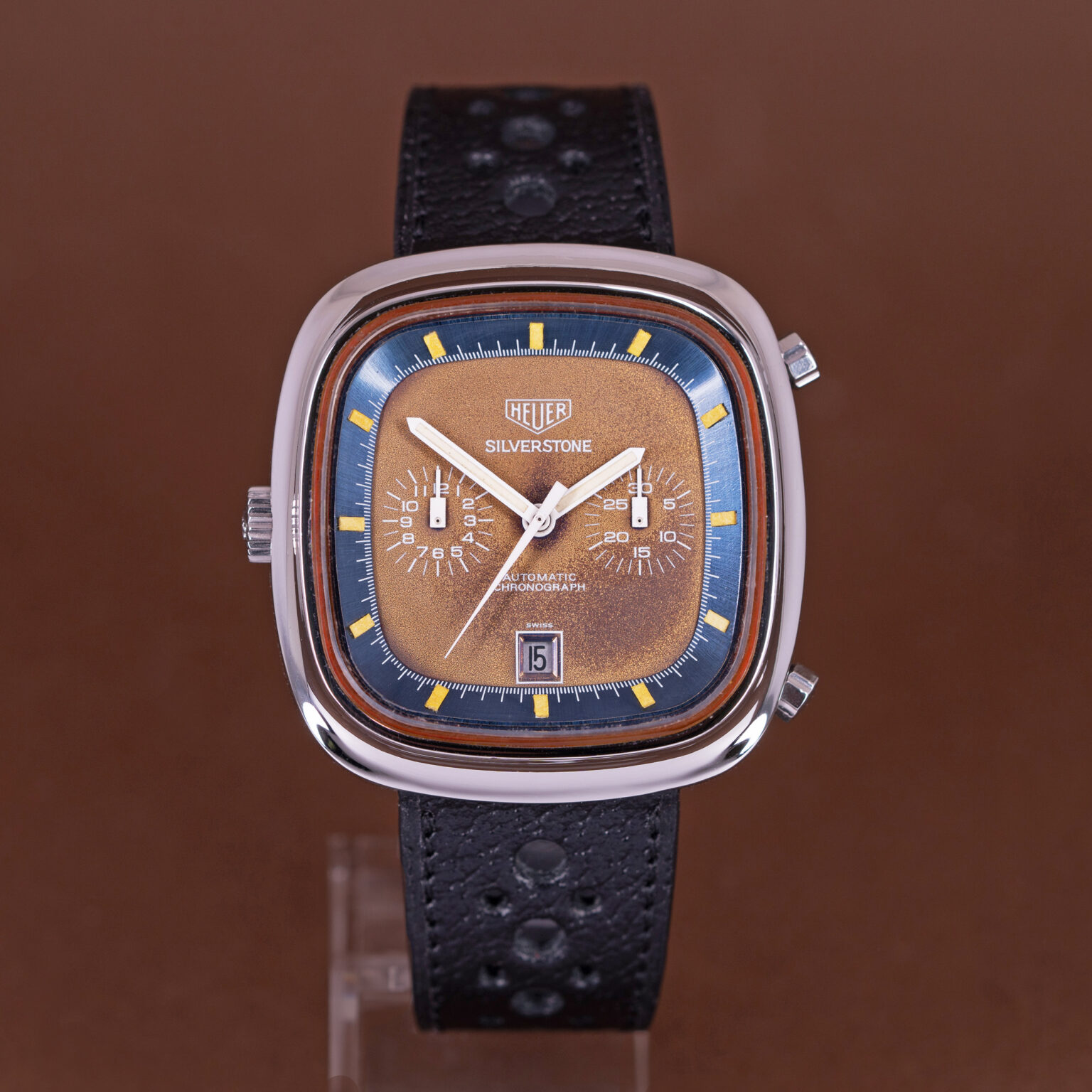 A rare Heuer Silverstone "Tropical" Automatic chronograph ref. 110.313B from around 1974.
