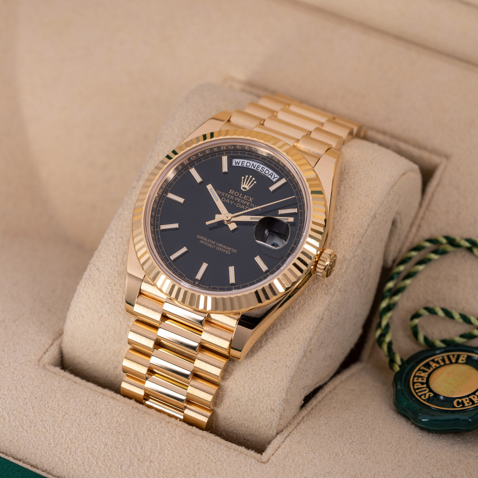 18k gold Rolex Day-Date 40 ref. 228238 from 2023.